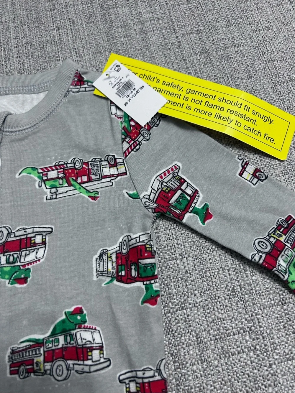 Old Navy Grey Fire Truck Print One-Piece Footie Pajamas. Size 12-18M NWT